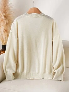 CosyJoli Plus Size Women 3D Floral Design Open Front Knit Cardigan, Fashionable & Versatile For Daily Commute Autumn Winter Clothes For Women - Beige - View 2