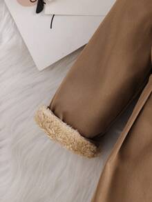 SHEIN 女婴仿毛领蝴蝶结装饰风衣，秋冬款 - 咖啡棕 - 查看 6