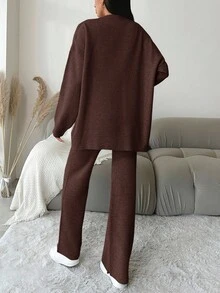 EURMUSE 2pcs Women Simple Front Button Long Sleeve Top And Pants Knit Sweater Set - Brown - View 2