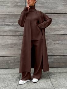 EURMUSE 2pcs Women Solid Color Long Sleeve Minimalist Long Jacket Top & Pants Casual Set - Brown - View 3