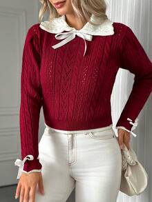 EURMUSE Women Sweater Elegant With Bow Detail - Burgundy - View 3