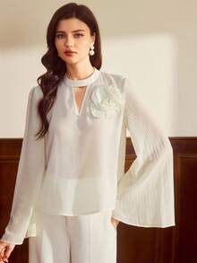 Vintamour Vintage Classic Elegant Women's Shirt, Autumn/Winter Fitted 3D Floral Shirt, Bell Sleeve Pleated Shirt, Apricot Long Sleeve Blouse