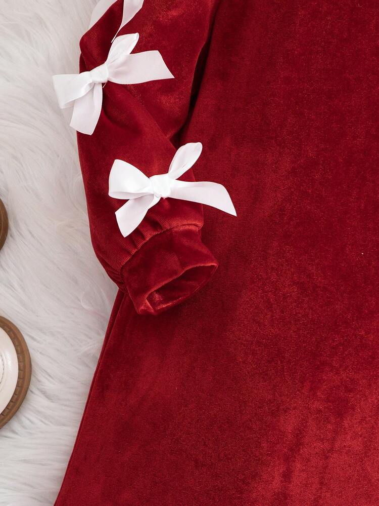 Emery Rose Kids Emery Rose Kids 少女连衣裙，袖子饰有蝴蝶结，优雅可爱，适合节日、派对、生日、秋冬穿着 - 酒紅色 - 查看 9