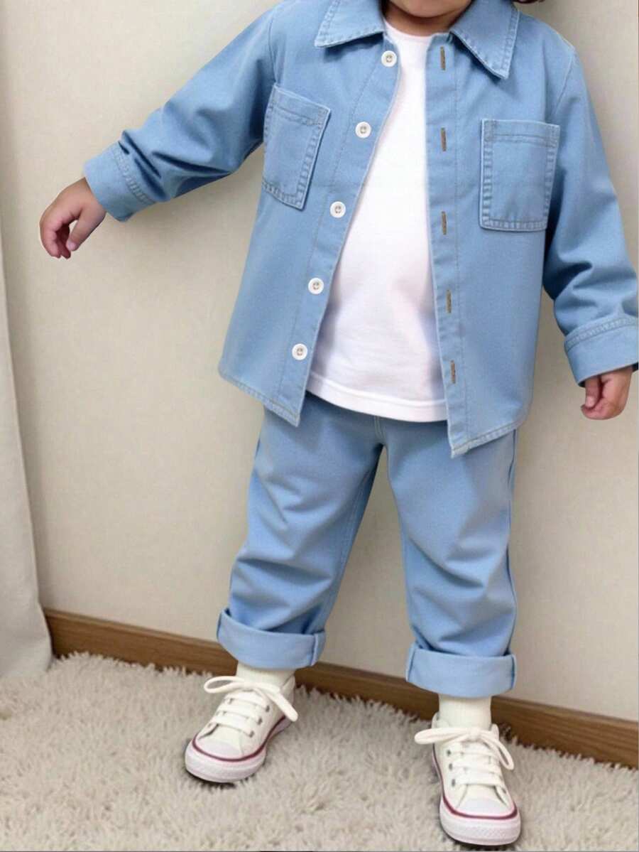 SHEIN 2 件幼儿男童韩版牛仔领长袖衬衫 + 时尚休闲牛仔裤套装，春秋 - 藍色 - 查看 1