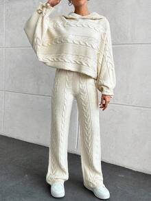 EURMUSE Casual Cable Knit Hooded Crop Sweater & Cable Knit Sweater Pants 2 Piece Co-Ords - Beige - View 7