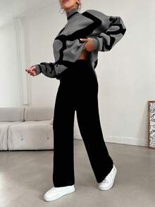 EURMUSE 2pcs Women Geometric Pattern Stand Collar Drop Shoulder Long Sleeve Casual Sweater & Knit Pants Set, Autumn/Winter - Grey - View 4