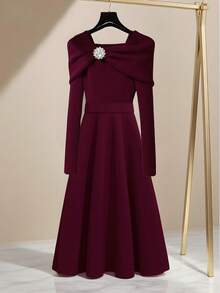 GlowEve Vestido de manga larga de punto con flores y decoración de rhinestones, elegante para uso diario, moda de calle francesa, versátil para fiesta, vacaciones y negocios, color borgoña, otoño/invierno