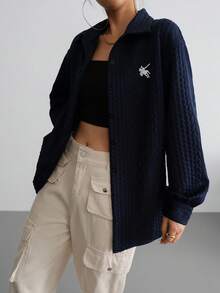 纹理休闲开襟基本款上衣 - 藏蓝色 - 查看 5