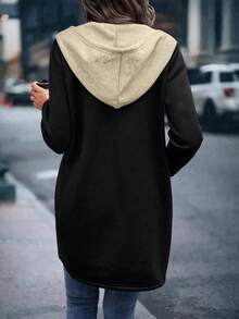 EMERY ROSE 女式休闲时尚街头拼接口袋抽绳连帽保暖内衬保暖夹克，秋冬 - 杏色 - 查看 2