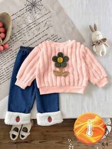 SHEIN 女婴休闲毛绒圆领长袖运动衫套装 - 粉色 - 查看 1