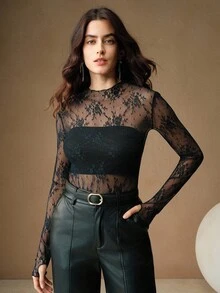 Anewsta 女士蕾丝透视拇指孔优雅衬衫，适合节日派对装 - 藏蓝色 - 查看 4