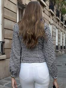 Pariaura 女式优雅法式蓝白格子衬衫，夏季 - 黑色 - 查看 2