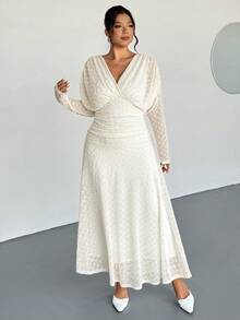 Firerie Plus Size Women Elegant Vacation Textured Fabric Ruched Long Sleeve V-Neck Elastic Waist Flared Dress Spring