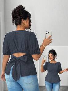 SHEIN Elenzya Plus Size Casual Shirt With Unique Back Tie Design - Dark Grey - View 1