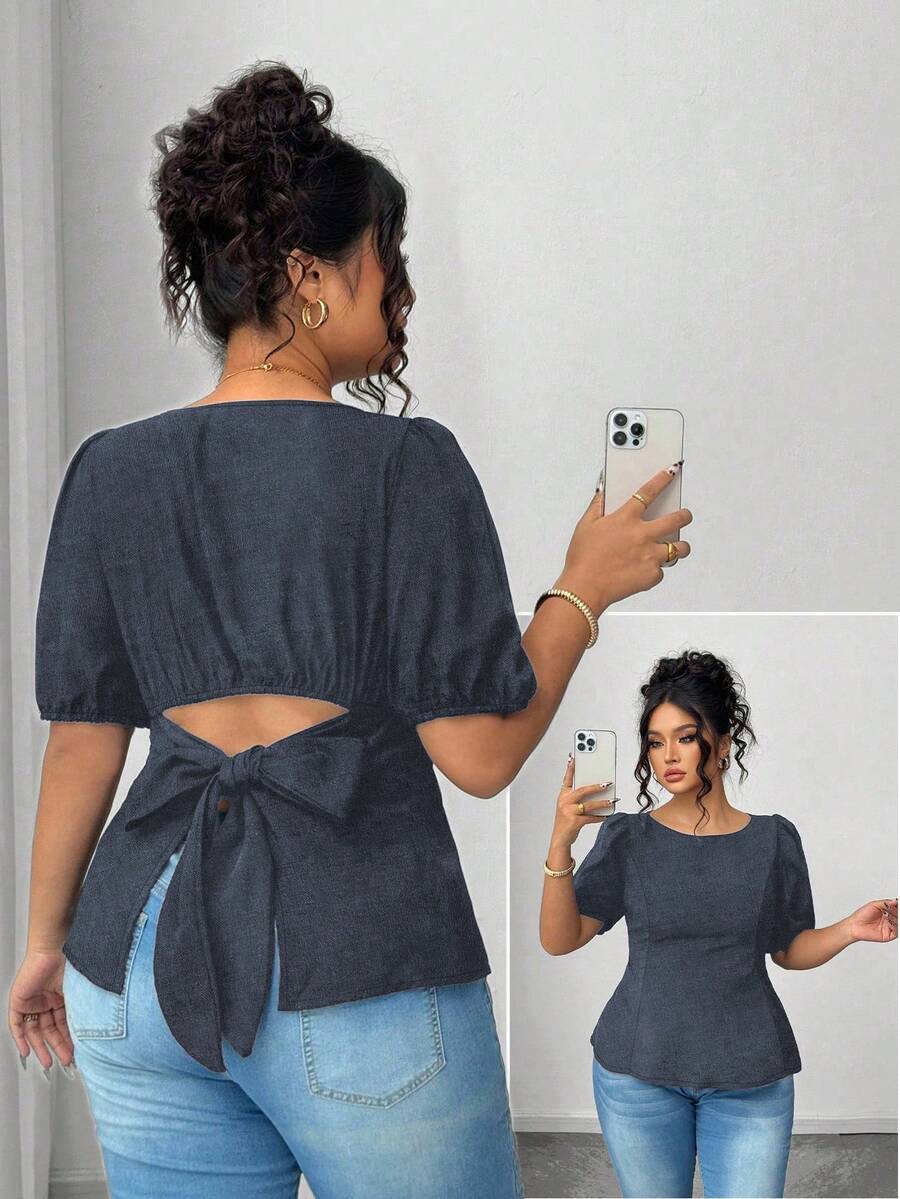 SHEIN Elenzya Plus Size Casual Shirt With Unique Back Tie Design - Dark Grey - View 1