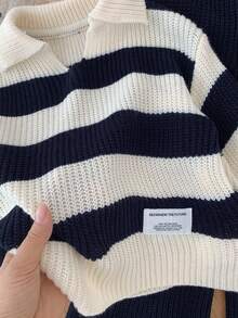 SHEIN 2pcs Young Girl Striped V-Neck Casual Sweater And Leggings Set - Navy Blue - View 5