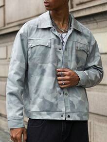 Manfinity LEGND 年轻休闲翻领迷彩绿色男士夹克和外套 - 綠色 - 查看 5