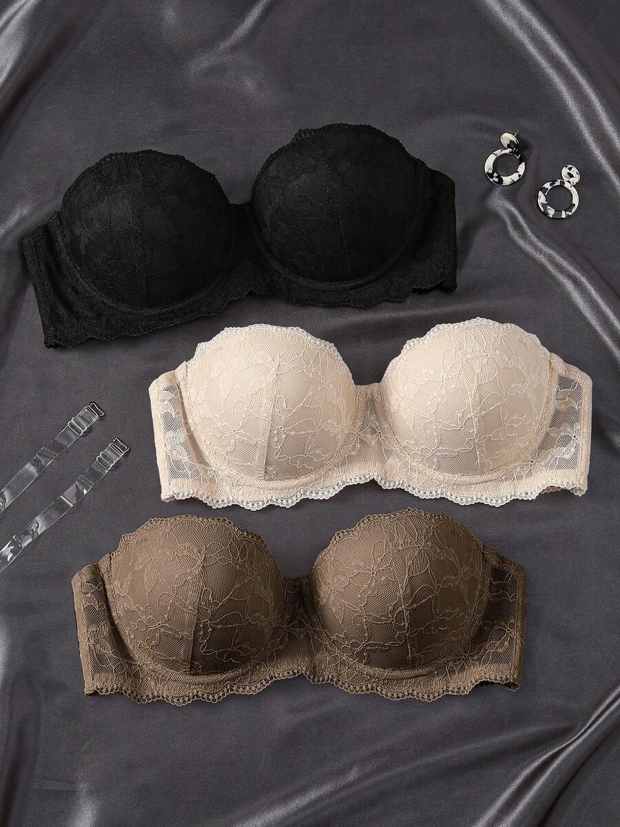 EmpressEnvy 3pcs Romantic Sexy Lace Cami Bra With Detachable Straps, Summer Lingerie