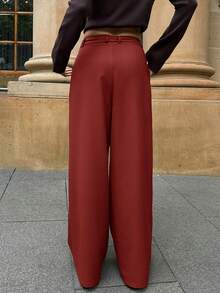 Forever 21 女不对称休闲阔腿裤女士时尚办公室通勤百搭高腰高端不对称阔腿西装裤 - 酒紅色 - 查看 2