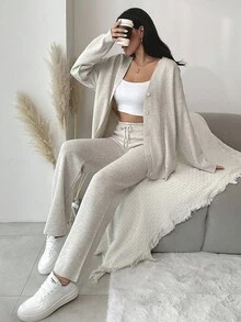 EURMUSE Drop Shoulder Cardigan & Knit Pants - Beige - View 7