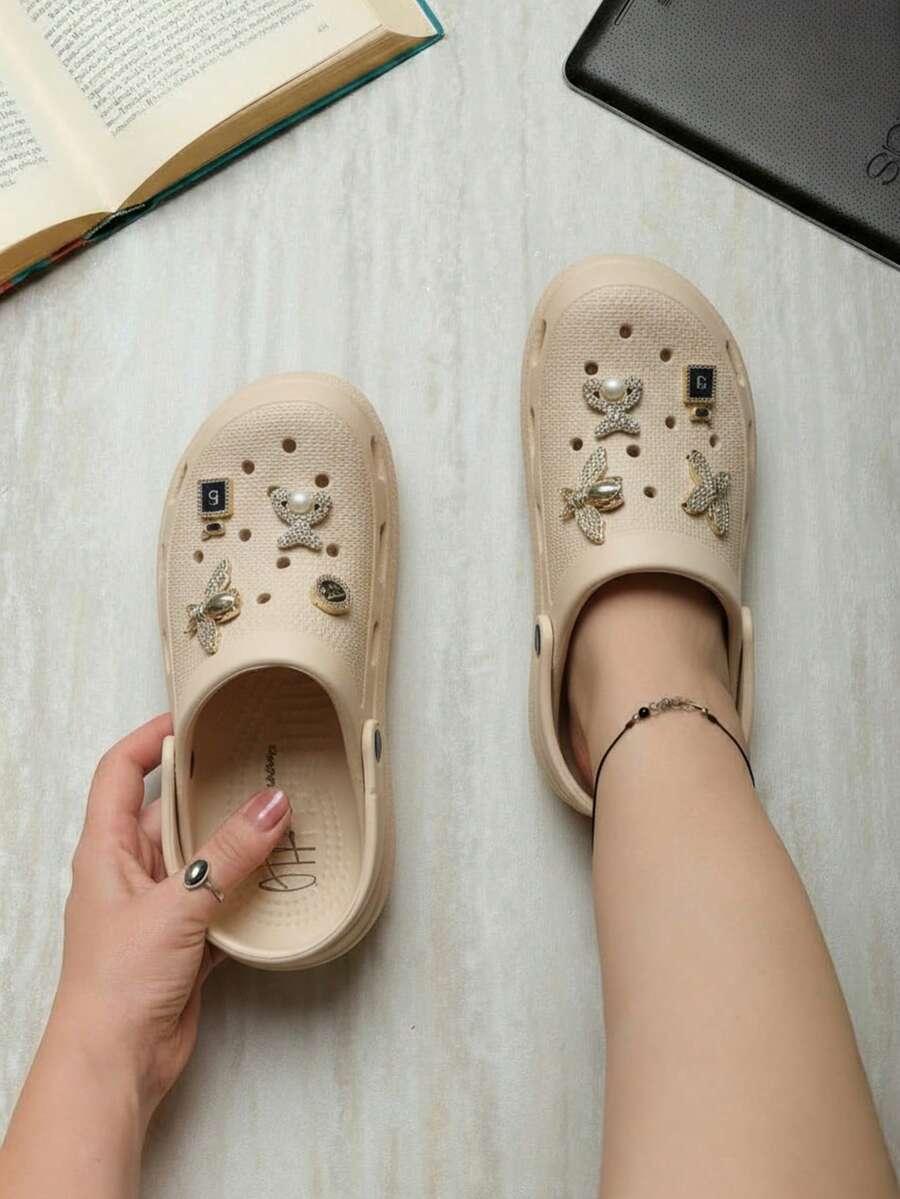 Chanclas para Mujer Estilo Casual con Encanto Metálico, Punta Redonda, Suela Gruesa, Verano, Para Playa y Diario - Beis - Ver 1