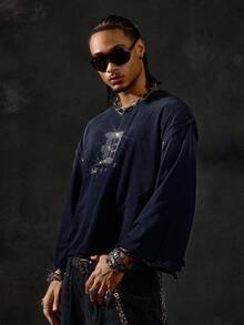 ROMWE MEN Street Life 男士做旧钻石印花长袖 T 恤，宽松短款 - 藏蓝色 - 查看 3