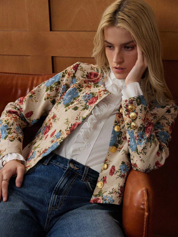 Écloséra Chaqueta corta de jacquard con estampado de rosa de palacio retro francés