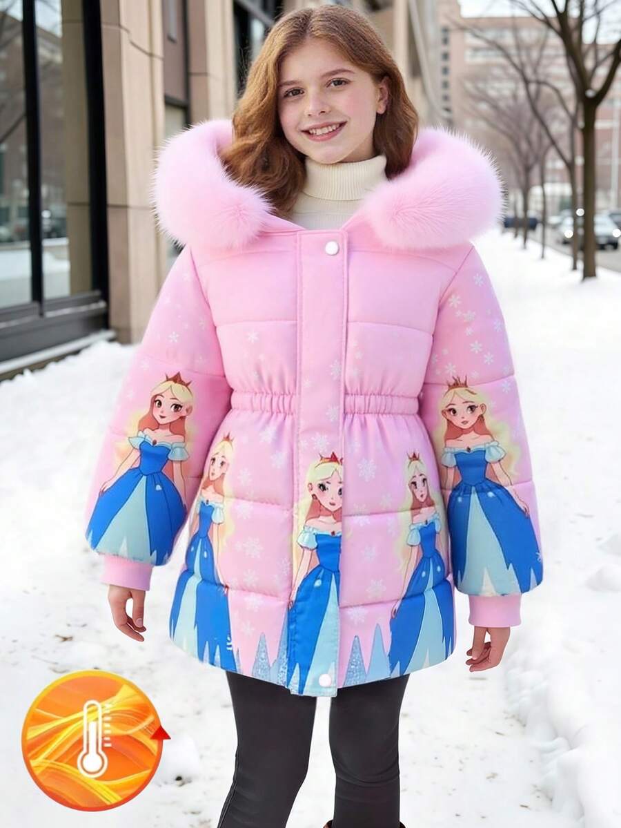 SHEIN Tween Girl Sweet Princess Style Pink Fur Collar Fashionable Mid-Length Drawstring Hooded Padded Coat, Winter