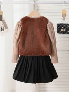 3pcs Girls Outfit: Apricot Ribbed Turtleneck Long Sleeve Top, Black Pleated Skirt, Apricot Fuzzy Vest - Apricot - View 2