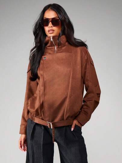 MISSGUIDED Suede Bomber Jacket With Half Zip Closure And Elastic Waistband Fall Winter Outerwear