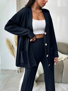 EURMUSE 2pcs Women's Solid-Color Dropped Shoulder Loose Cardigan And Knitted Pants Set, Autumn-Winter - Navy Blue - View 5