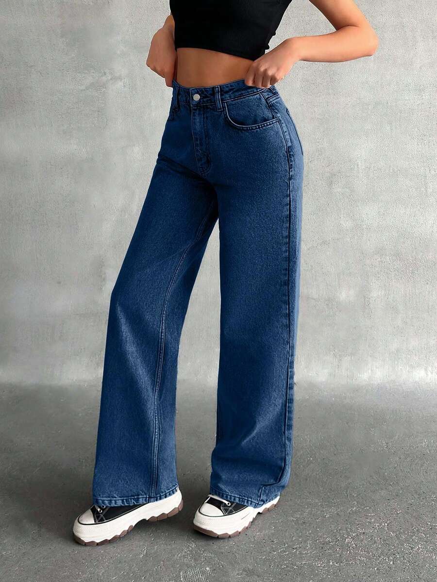 EURMUSE High Waist Straight Leg Jean Carpenter - Dark Wash - View 1