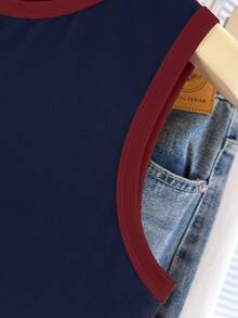 SHEIN 大码女式休闲简约撞色装饰圆领背心，夏季 - 藍色 - 查看 5