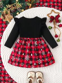 SHEIN Playful Pals Baby Girl Christmas Plaid Dress Snowflake Print Long Sleeve Ruffle Shoulder Large Bow A-Line Princess Dress Holiday Party Outfit - Multicolor - View 2