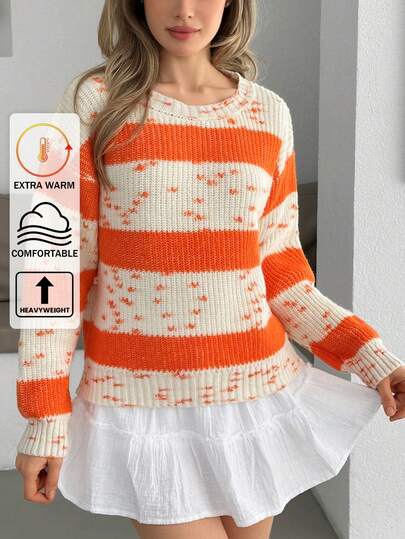 EURMUSE Orange & Cream Chunky Striped Knit Sweater With Speckled Yarn Details And Crew Neck – Bold And Playful Fall Essential Orange And White Sweater Pullover For Women,Jumper,Jumpers,Black Jumper,Womens Jumper,Women's Jumper,Women's Jumpers,Winter Clothes