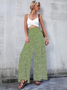 Breezaya Women's Casual Vacation All-Over Print High Waist Wide Leg Pants - Green - View 5