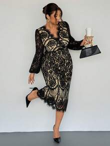 Firerie Plus Size Elegant Casual Lace Patchwork Elastic Long Sleeve Midi Dress, Suitable For Office, Resort Wear Spring - Black - View 2