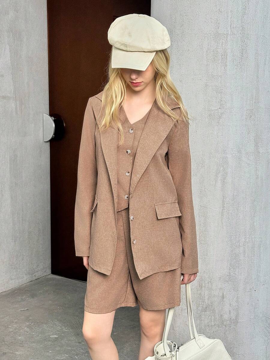 SHEIN 3pcs/Set Teen Girl Plain Single-Breasted Vest, Long Sleeve Blazer Jacket And Casual Shorts - Khaki - View 1