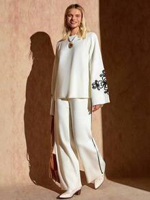EURMUSE Elegant Crew Round Neck Flare Sleeve Solid Pure White Color Contrast Color Hand Made Embroidery On Cuffs & Wide Leg Solid Color Knit Pants 2 Pieces KNit Set For Fall Winter Women Outfits,Petite - White - View 4