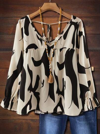 EMERY ROSE Camicetta a maniche lunghe con scollo a V e laccio sulla schiena, con stampa integrale, per donne taglia comoda, autunnale