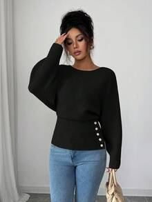 Elenzga Damen neue Herbst/Winter Einteiler Design Fledermausärmel hochwertig geknöpfter minimalistischer Alltagspullover mit Langarm