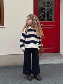 SHEIN 2pcs Young Girl Striped V-Neck Casual Sweater And Leggings Set - Navy Blue - View 7