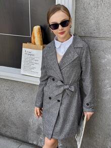 Tween Girls Fashionable Casual Loose Belted Double-Breasted Long Windbreaker, Suitable For Commuting Or Daily Wear In Autumn - Dark Grey - View 3