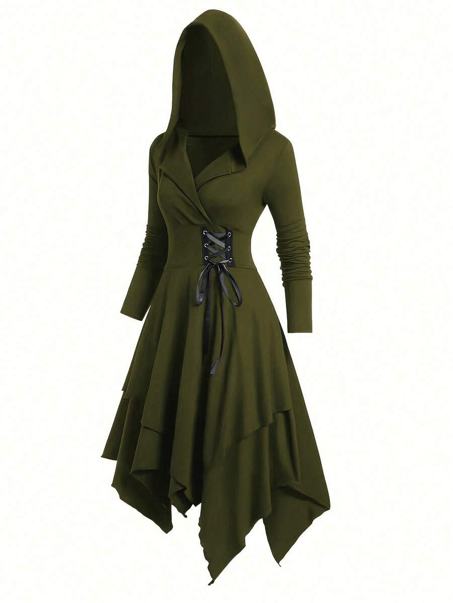 EMERY ROSE Váy dệt kim đơn giản, eo bó, tay dài, viền bất đối xứng, có mũ trùm đầu, màu trơn - xanh quân đội - Xem 1