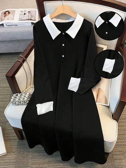 GlowEve CURVE 大码女装秋季新款衬衫领连衣裙，黑白拼色，休闲简约，冬季可作为打底衫
