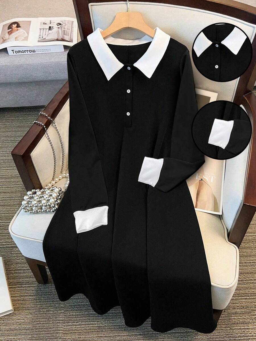 GlowEve CURVE 大码女装秋季新款衬衫领连衣裙，黑白拼色，休闲简约，冬季可作为打底衫 - 黑與白 - 查看 1