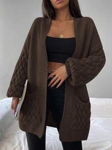 EURMUSE Dual Pocket Drop Shoulder Open Front Cardigan - 棕色 - 查看 6