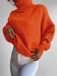 RueChic 高領插肩袖條紋針織套頭毛衣 - 橘色 - 查看 3