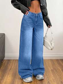 EURMUSE Low Waist Wash Detailed Wideleg Jean - Medium Wash - View 5