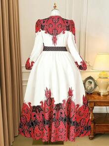 Rometta 大码女式时尚百搭泰国马尔代夫旅游海滩度假波西米亚风格印花腰部收紧圆领长袖飘逸连衣裙，春/秋/冬 - 彩色 - 查看 2